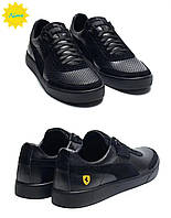 Чоловічі літні шкіряні кеди   FERRARI перфорація, туфлі спортивні повсякденні чорн. Чоловіче взуття