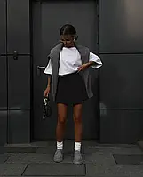 Стильные молодежные черные шорты-юбка на высокой посадке из костюмки SM ML