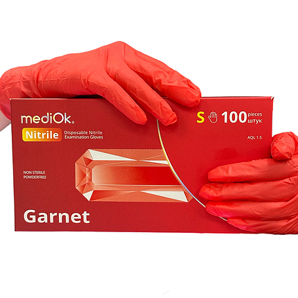 Рукавички нітрилові неопудрені mediOk GARNET 01-04-S, 100 шт. червоні, фото 1