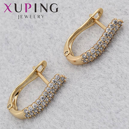 Серёжки женские позолота 18K Xuping Jewelry английская застёжка с белыми стразами размер 18х3 мм, фото 1