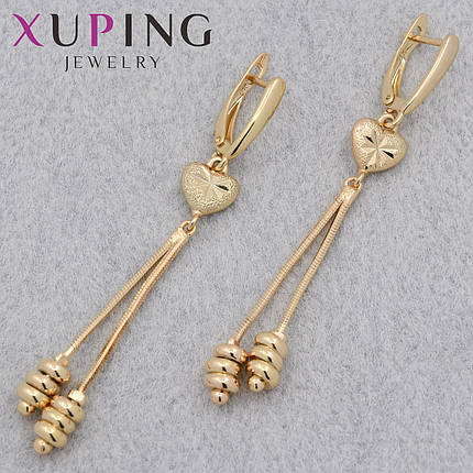 Серёжки женские позолота 18K Xuping Jewelry английская застёжка сердечки с висюльками шарики размер 68х8 мм, фото 1