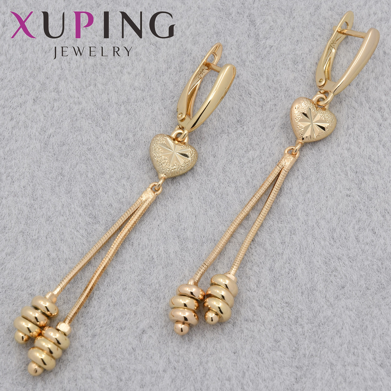 Серёжки женские позолота 18K Xuping Jewelry английская застёжка сердечки с висюльками шарики размер 68х8 мм - фото 1 - id-p2249101974
