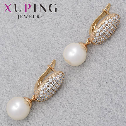 Серёжки женские позолота 18K Xuping Jewelry английская застёжка с белыми стразами и жемчужинами размер 30х8 мм, фото 1