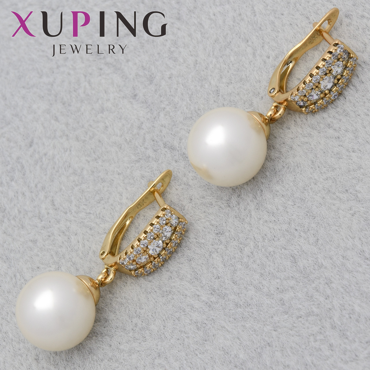 Серёжки женские позолота 18K Xuping Jewelry английская застёжка с белыми стразами и жемчужинами размер 30х6 мм