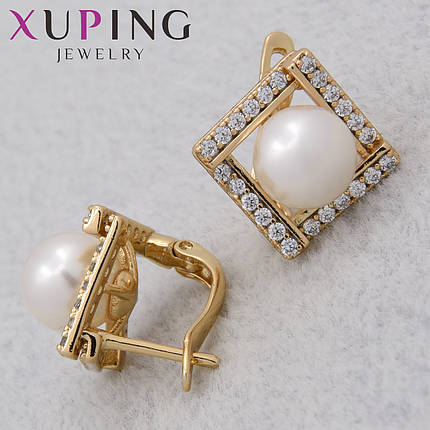 Серёжки женские позолота 18K Xuping Jewelry английская застёжка ромбики с стразами и жемчугом размер 15х15 мм, фото 1