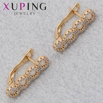 Серёжки женские позолота 18K Xuping Jewelry английская застёжка кружочки с белыми кристаллами размер 20х5 мм, фото 1