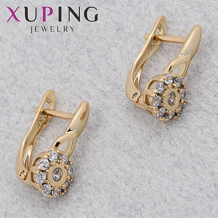 Серёжки женские позолота 18K Xuping Jewelry английская застёжка с белыми кристаллами размер 16х7 мм, фото 1