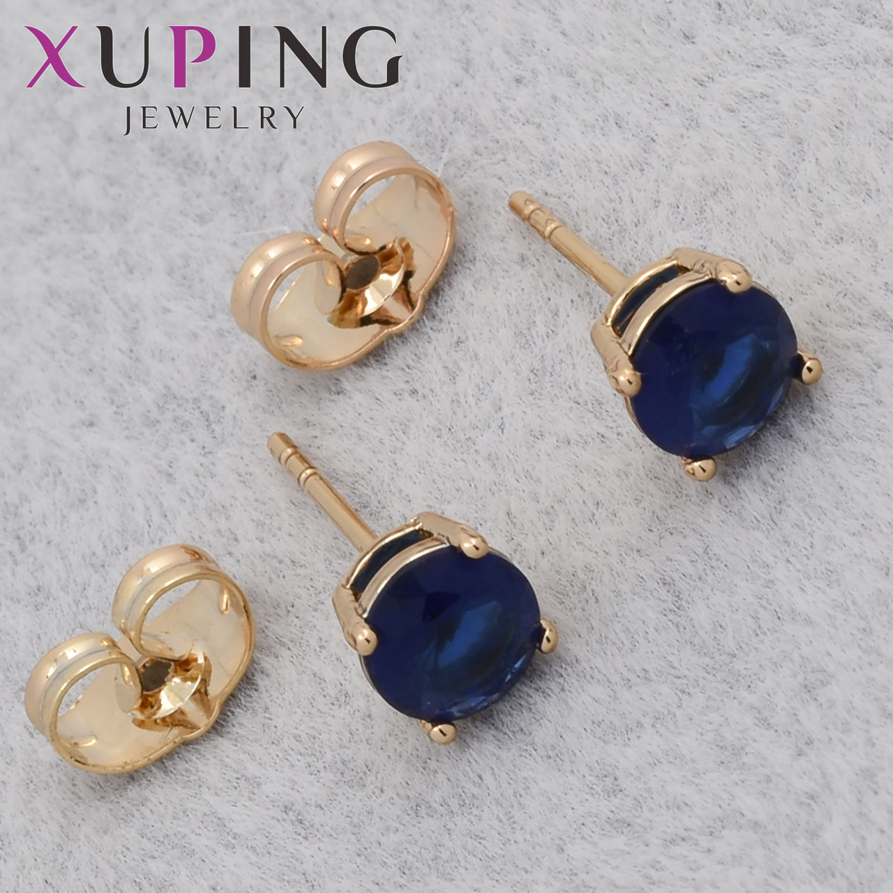Серёжки женские позолота 18K Xuping Jewelry застёжка гвоздик с синими камушками в лапках размер 6х6 мм - фото 1 - id-p2249149550