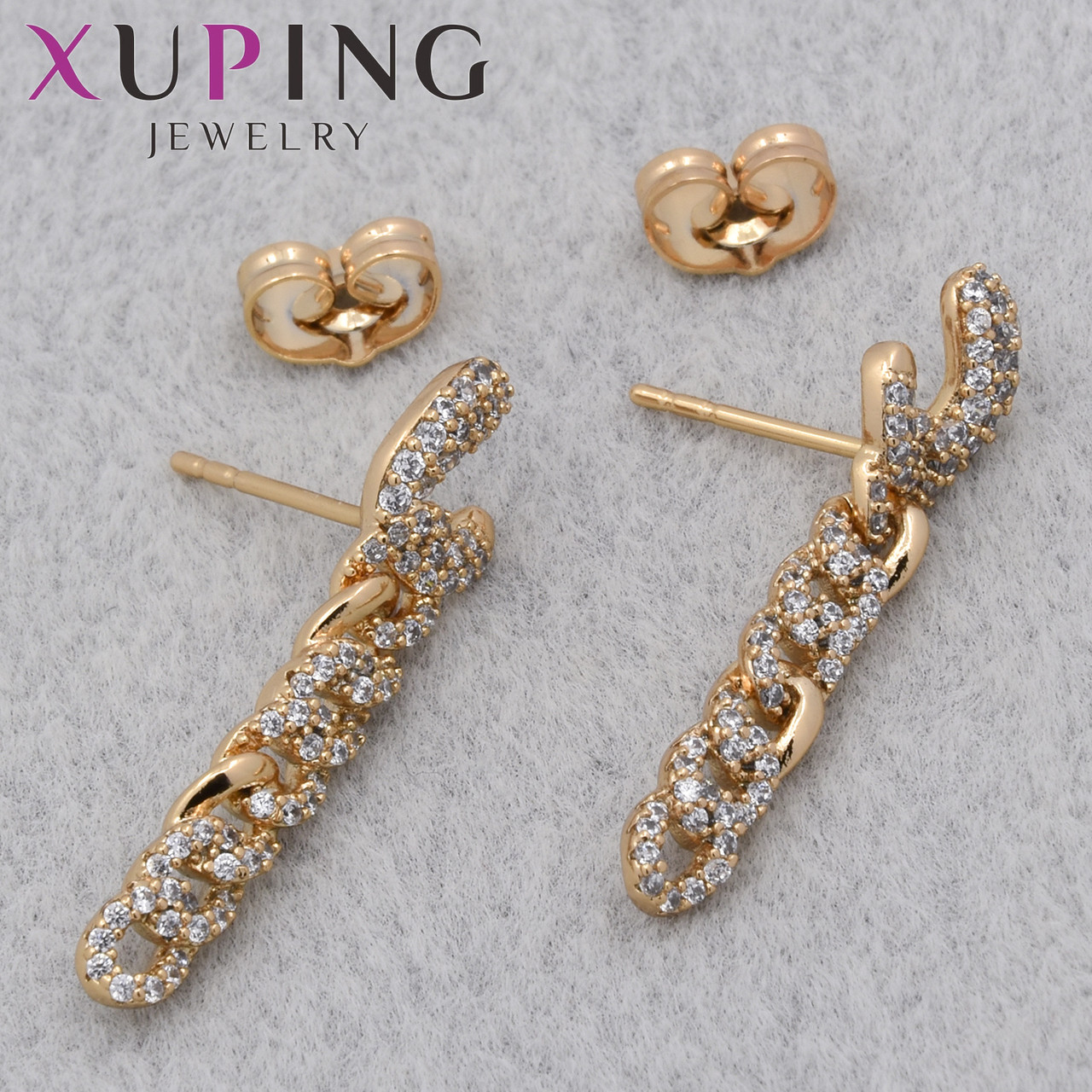 Серёжки женские позолота 18K Xuping Jewelry застёжка гвоздик цепи с белыми кристаллами размер 30х7 мм - фото 1 - id-p2249171965