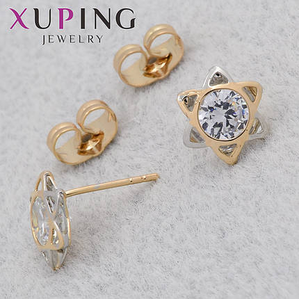 Серёжки женские позолота 18K Xuping Jewelry застёжка гвоздик звёздочки с переливающимися камнями размер 9х9 мм, фото 1