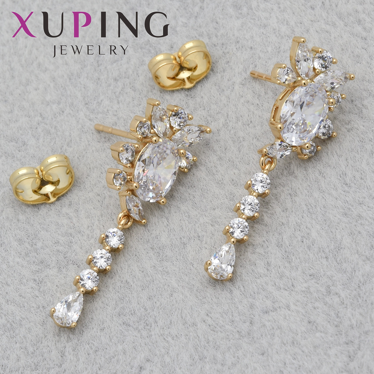 Серёжки женские позолота 18K Xuping Jewelry застёжка гвоздик с переливающимся цирконом висюльки размер 30х10 мм