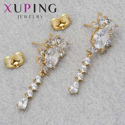 Серёжки женские позолота 18K Xuping Jewelry застёжка гвоздик с переливающимся цирконом висюльки размер 30х10 мм, фото 1