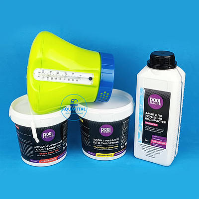 Набір хімії для каркасного басейну Standart (альгіцид, шок-хлор, мульти-таблетки, дозатор)