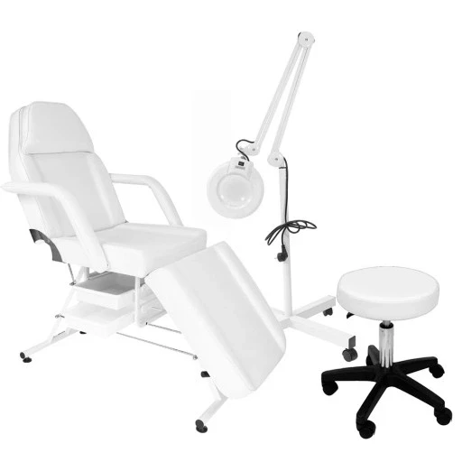 Косметологічна кушетка Calissimo А 202 + лампа Loupe + табурет 01 White