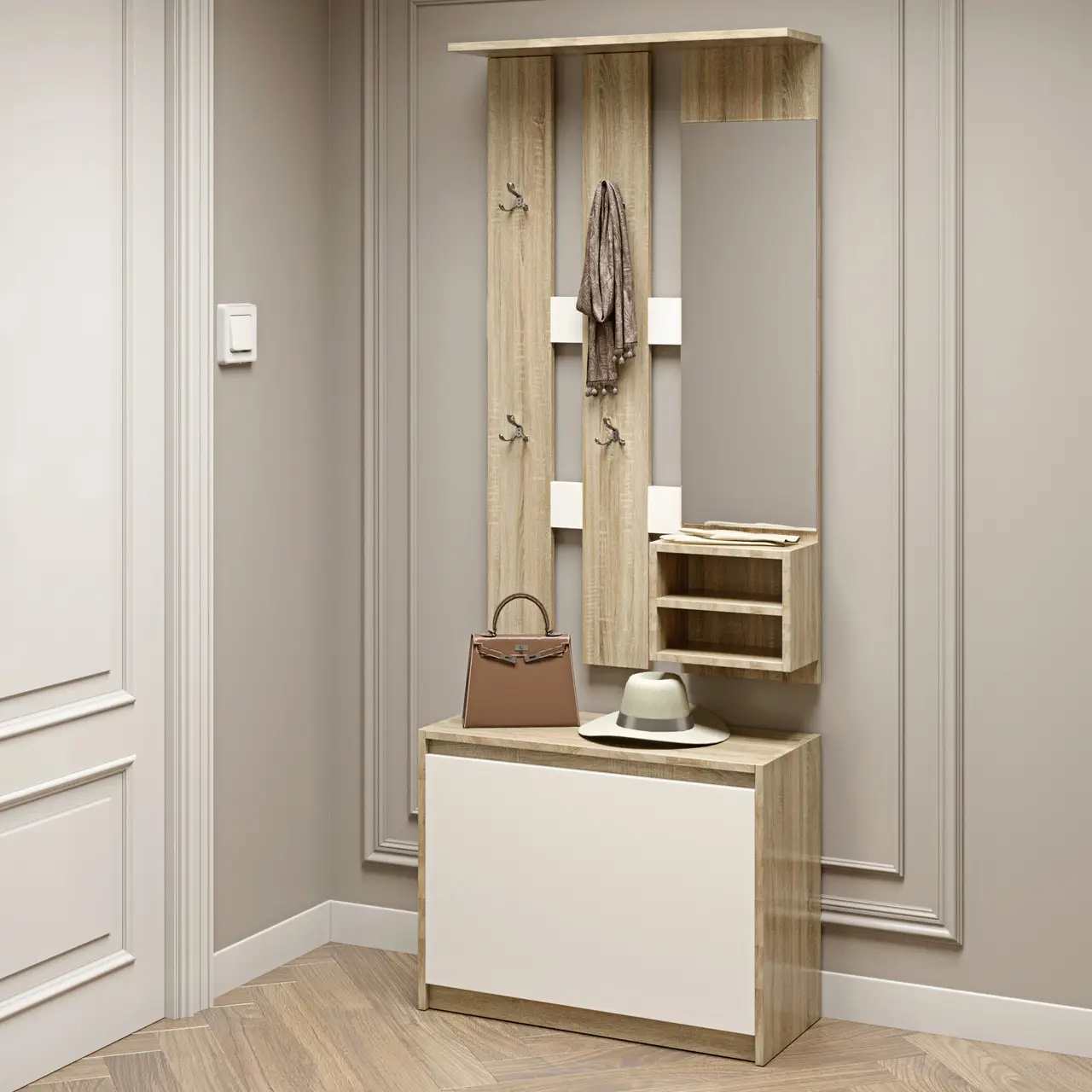 Передпокій с дзеркалом Мікс сонома + білий Еверест (80х38х200 см), фото 1