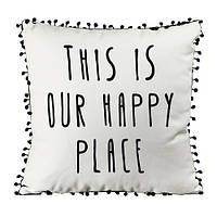 Подушка декоративна (мішковина) з помпонами This is our happy place