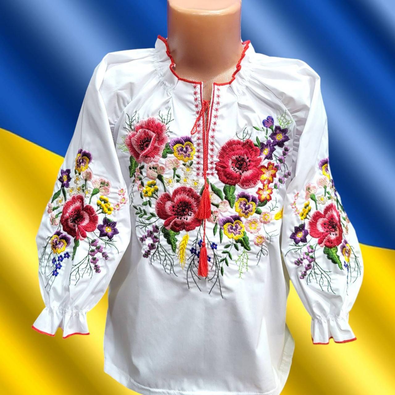 Гарна дитяча вишиванка з маками та рукавом 3\4 р 122-152