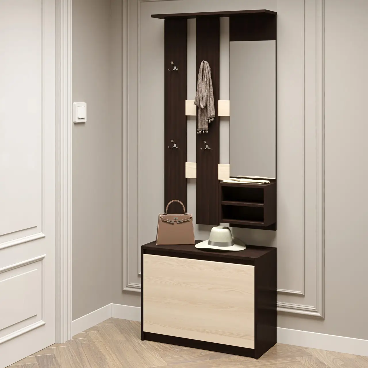 Передпокій с дзеркалом Мікс венге темний + дуб молочний Еверест (80х38х102 см), фото 1