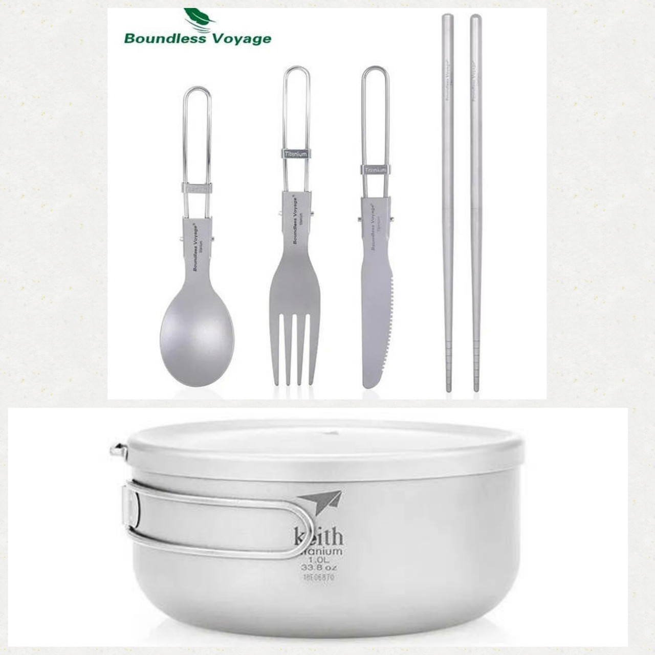 Ланч бокс з титану Keith 1000 мл + набір столових приладів з титану, фото 1