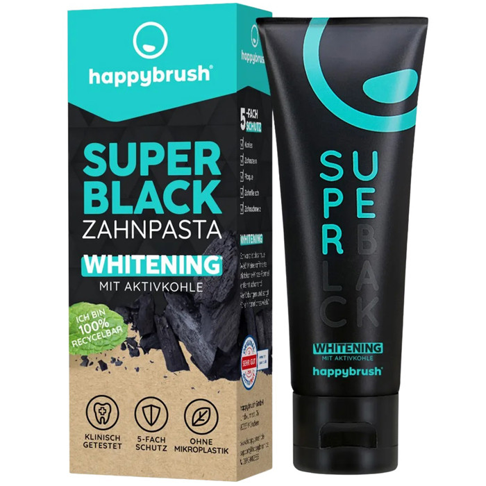 Відбілююча чорна зубна паста Happybrush Super Black Zahnpasta Whitening 75мл, фото 1