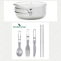 Тарілка з кришкою / ланч бокс з титану Keith 800 мл + набір столових приладів з титану