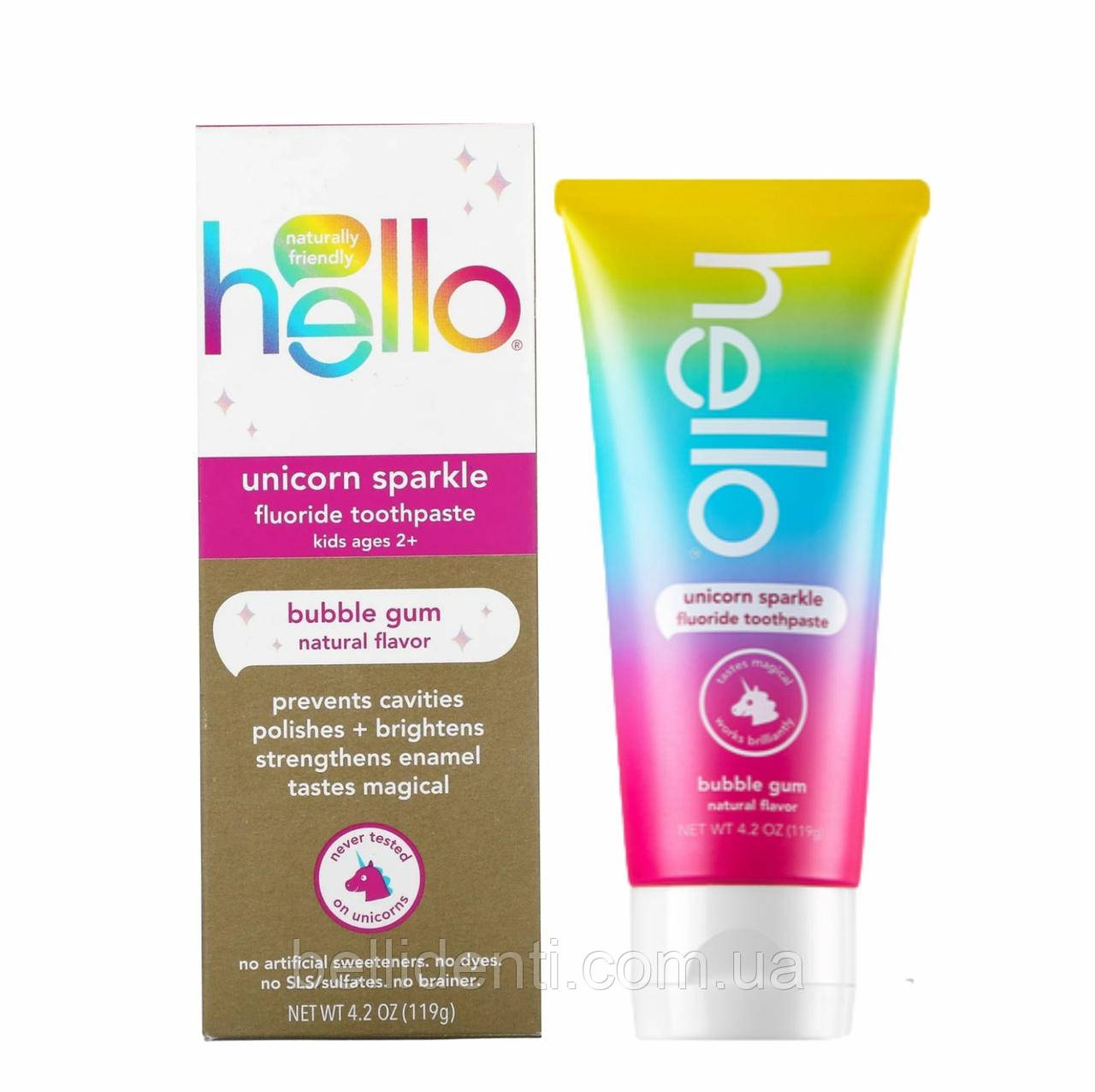 Дитяча зубна паста Hello Kids Unicorn Sparkle від 2 до 6 років (фтор 1100, смак жувальної гумки), 119 г