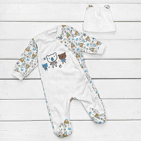 Дитячий бавовняний сліп з шапочкою Ведмедики зріст 68 см (3 - 6 місяців) Malena Білий з принтом