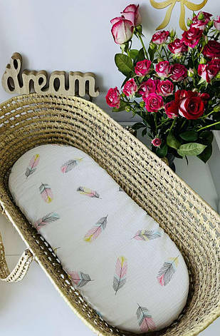 Водонепроникне муслінове простирадло на гумці в люльку в дитячу коляску 100% бавовна, фото 1