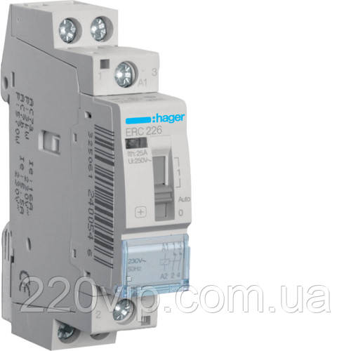 Контактор пускач Hager ERC226 з ручним керуванням, 25 A, 230 В, 2 НЗ, магнітний, Хагер, модульний, фото 1