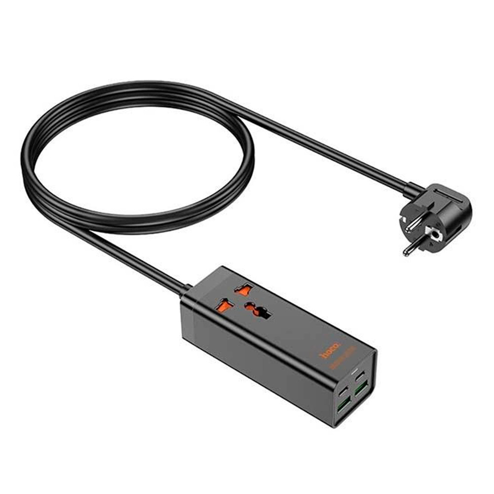 Мережевий фільтр HOCO AC10A на 1 розетку + 2 USB + 2 USB-C, 65 W, кабель 1,5 м, 220 В, Black, Box, фото 1