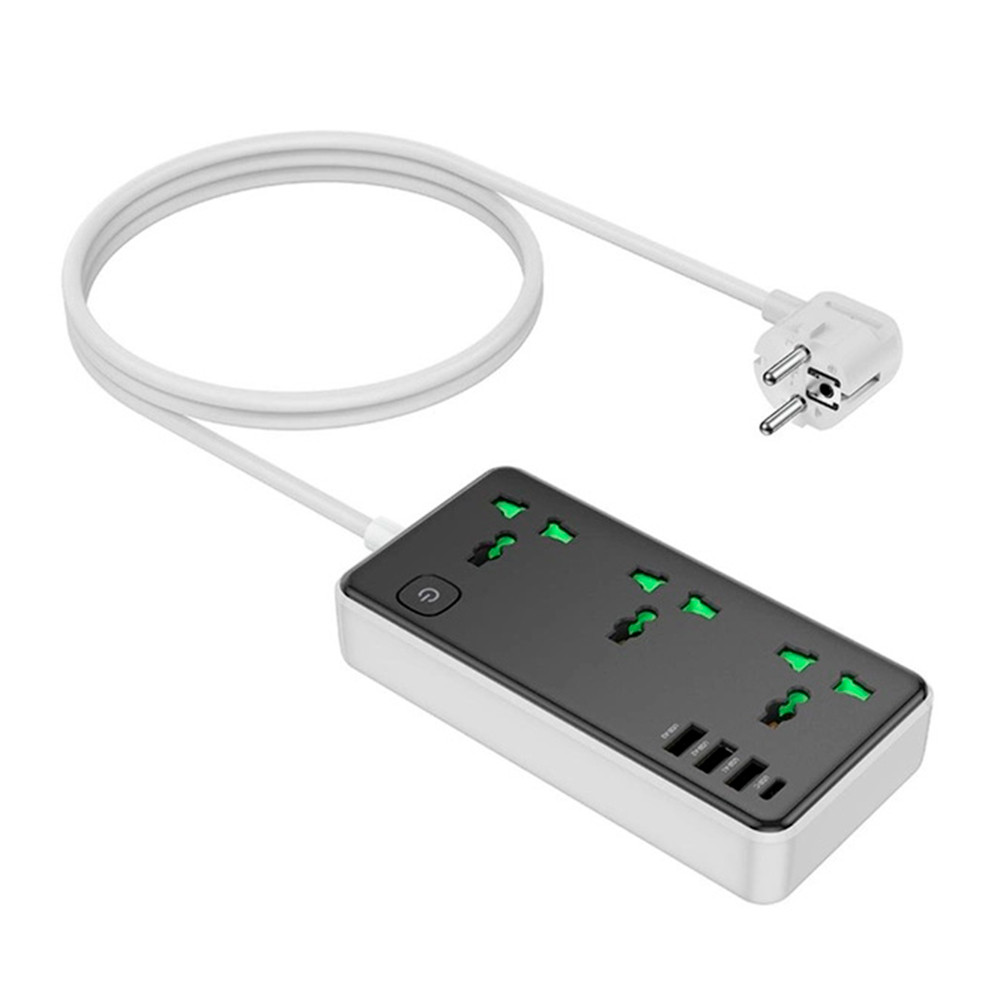 Мережевий фільтр HOCO AC7A на 3 розетки + 3 USB + USB-C, 17 W, 220 В, кабель 1,5 м, Black/White, Box, фото 1