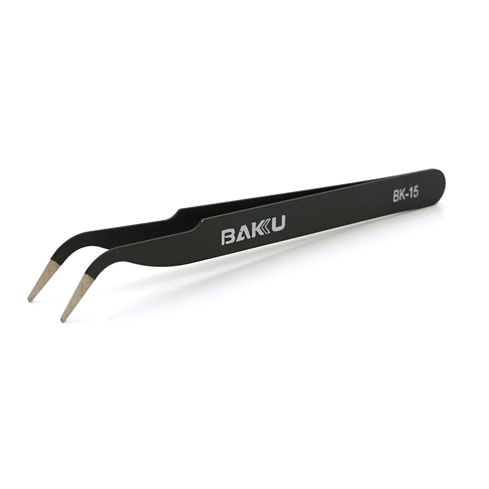 Пінцет вигнутий BAKKU BK-15 з чорним антистатичним покриттям