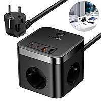 Мережевий фільтр Baseus PowerCombo Cube Power Strip 3*AC 2*USB 2*Type-C 1,5 м 4000 W (E00066400117-00) Black