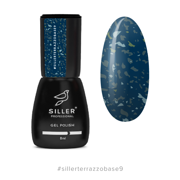 Siller Terrazzo Base №9 – камуфлююча база для нігтів (бірюзово-синя з салатовою поталлю), 8 мл, фото 1