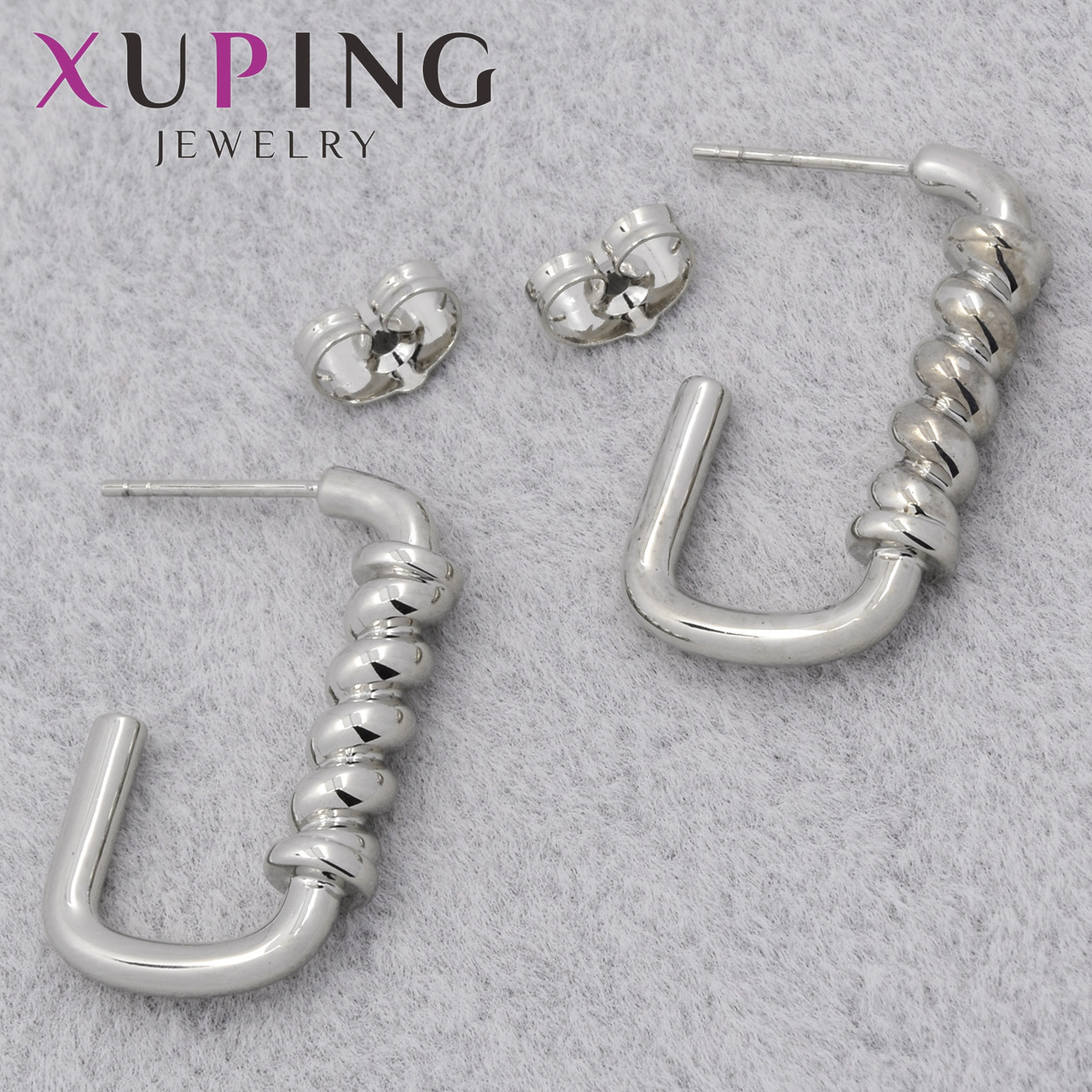 Серьги женские позолота фирма Xuping Jewelry родий застёжка гвоздик полукольца трубочки размер 25х15 мм - фото 1 - id-p2250453883