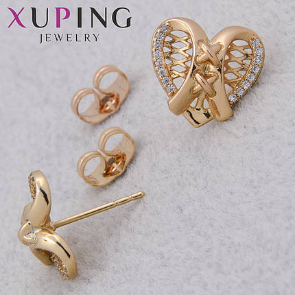 Серьги женские позолота 18K Xuping Jewelry застёжка гвоздик сердечки с белыми камушками размер 13х13 мм, фото 1