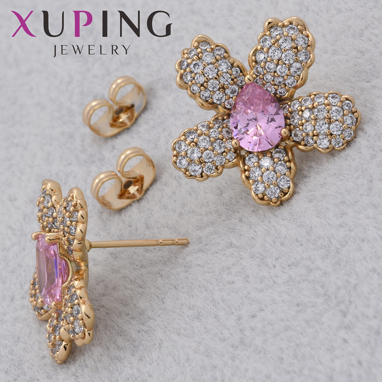 Серьги женские позолота 18K Xuping Jewelry застёжка гвоздик цветочки с розовыми кристаллами размер 20х20 мм - фото 1 - id-p2250460839