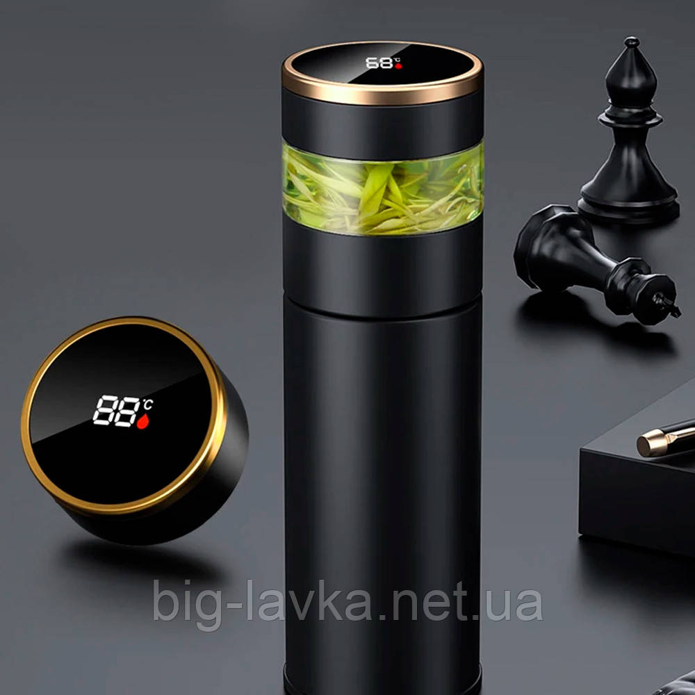 Термос для заварювання чаю з дисплеєм температури 450 мл  Чорний, фото 1