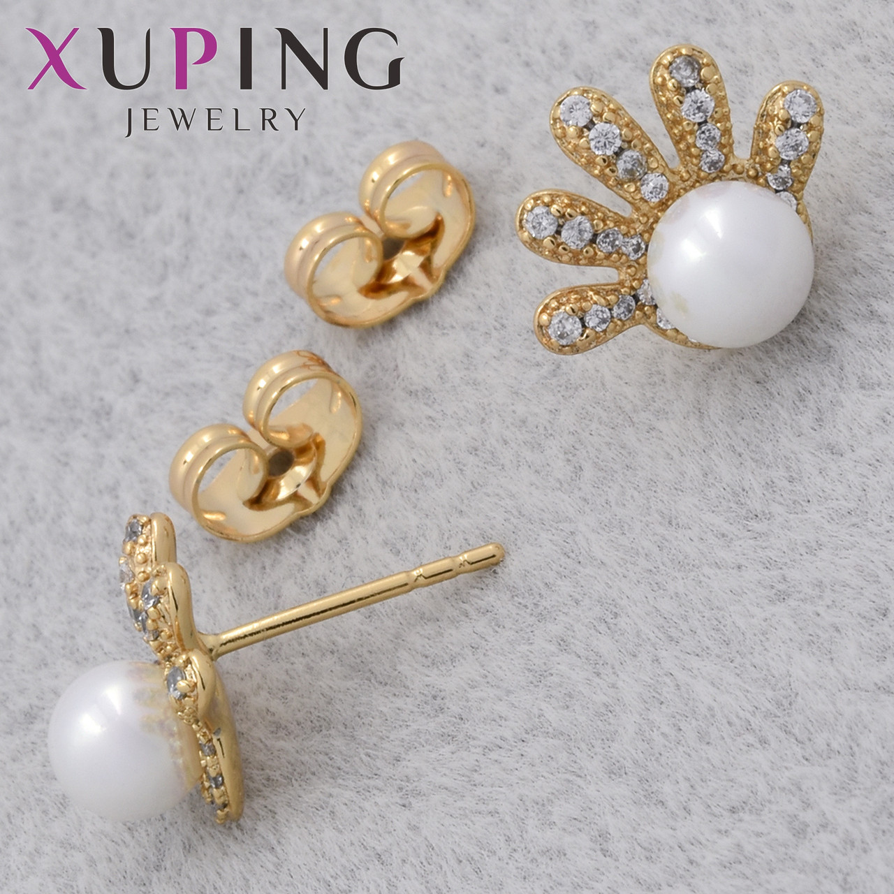 Серьги женские позолота 18K Xuping Jewelry застёжка гвоздик ладошки с камнями и жемчужинками размер 13х13 мм