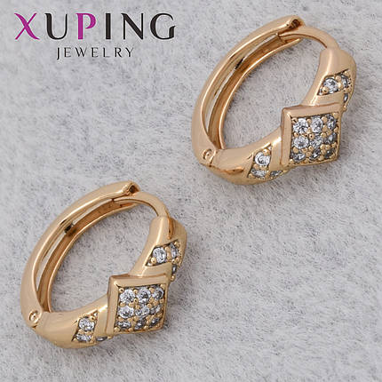 Серёжки женские позолота 18K Xuping Jewelry кольцо конго ромбики с белыми камушками диаметр колечка 15 мм, фото 1