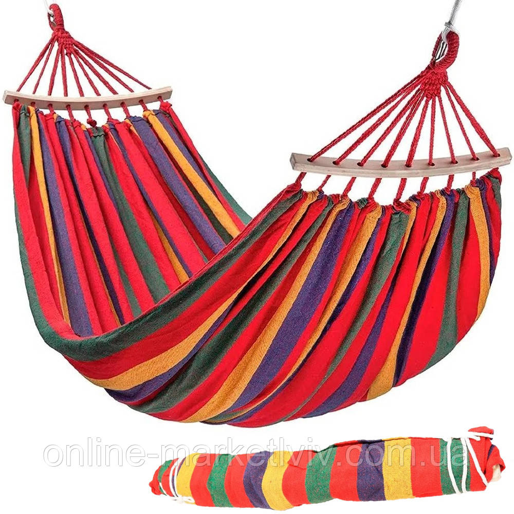Підвісний гамак з дерев'яною планкою 200х100 см, до 150 кг. / Гавайський гамак двомісний / Тканинний гамак, фото 1