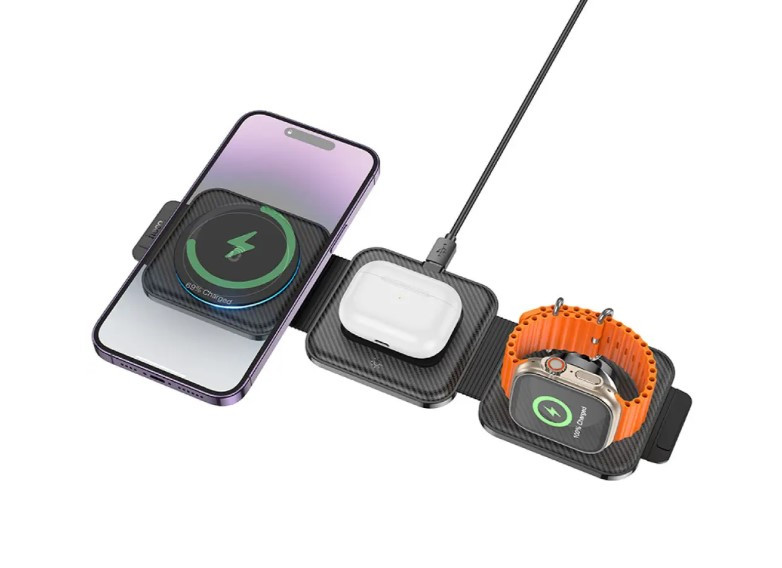Безпровідна зарядка підставка HOCO CQ4 Unique 3в1 на 15W Magsafe чорна, фото 1