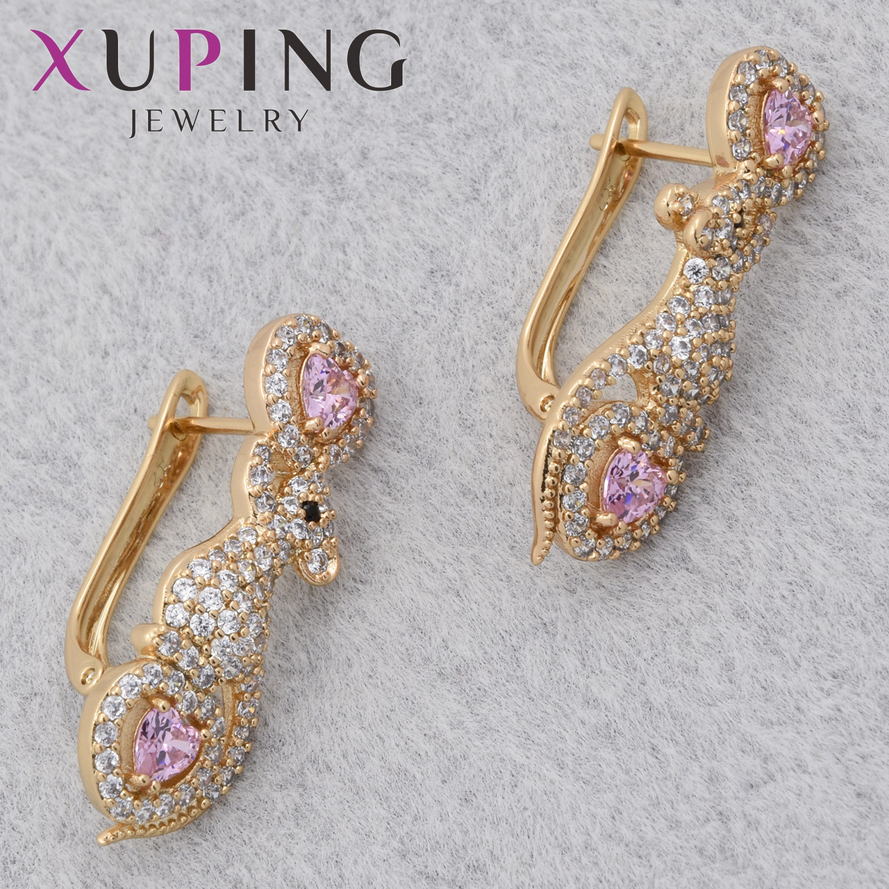 Серьги женские позолота 18K Xuping Jewelry английская застёжка мышки с белыми и розовыми камнями размер 30х8мм