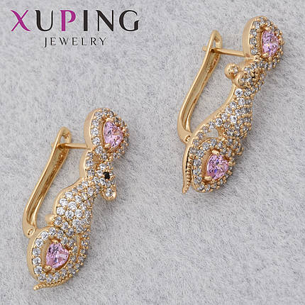 Серьги женские позолота 18K Xuping Jewelry английская застёжка мышки с белыми и розовыми камнями размер 30х8мм, фото 1