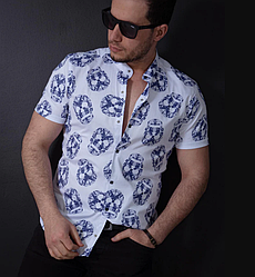 Модна чоловіча сорочка з коротким рукавом і коміром-стійкою літня бавовняна Туреччина, біла