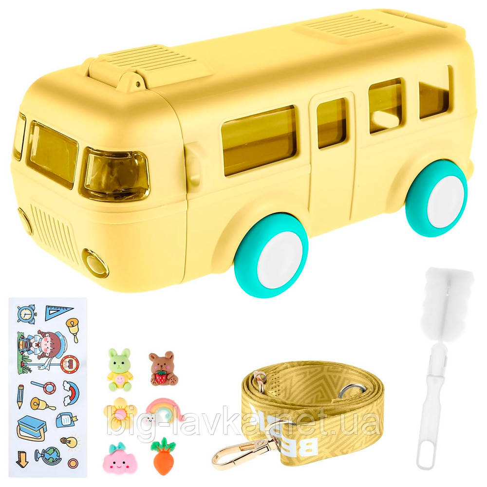 Пляшка для води 500 мл дитяча Автобус із трубочкою  Жовтий, фото 1