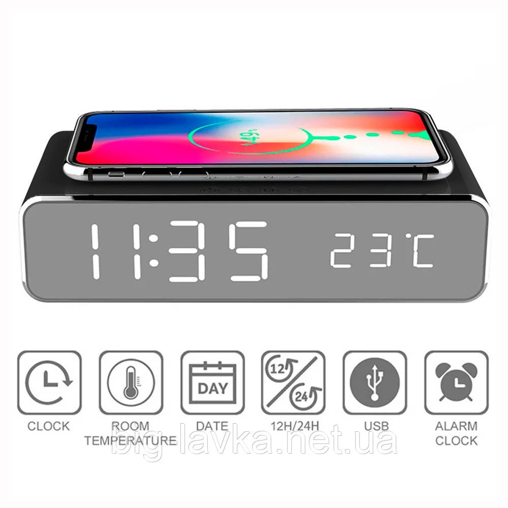 Бездротова зарядка з функцією будильника та вимірювання температури  Чорний, фото 1