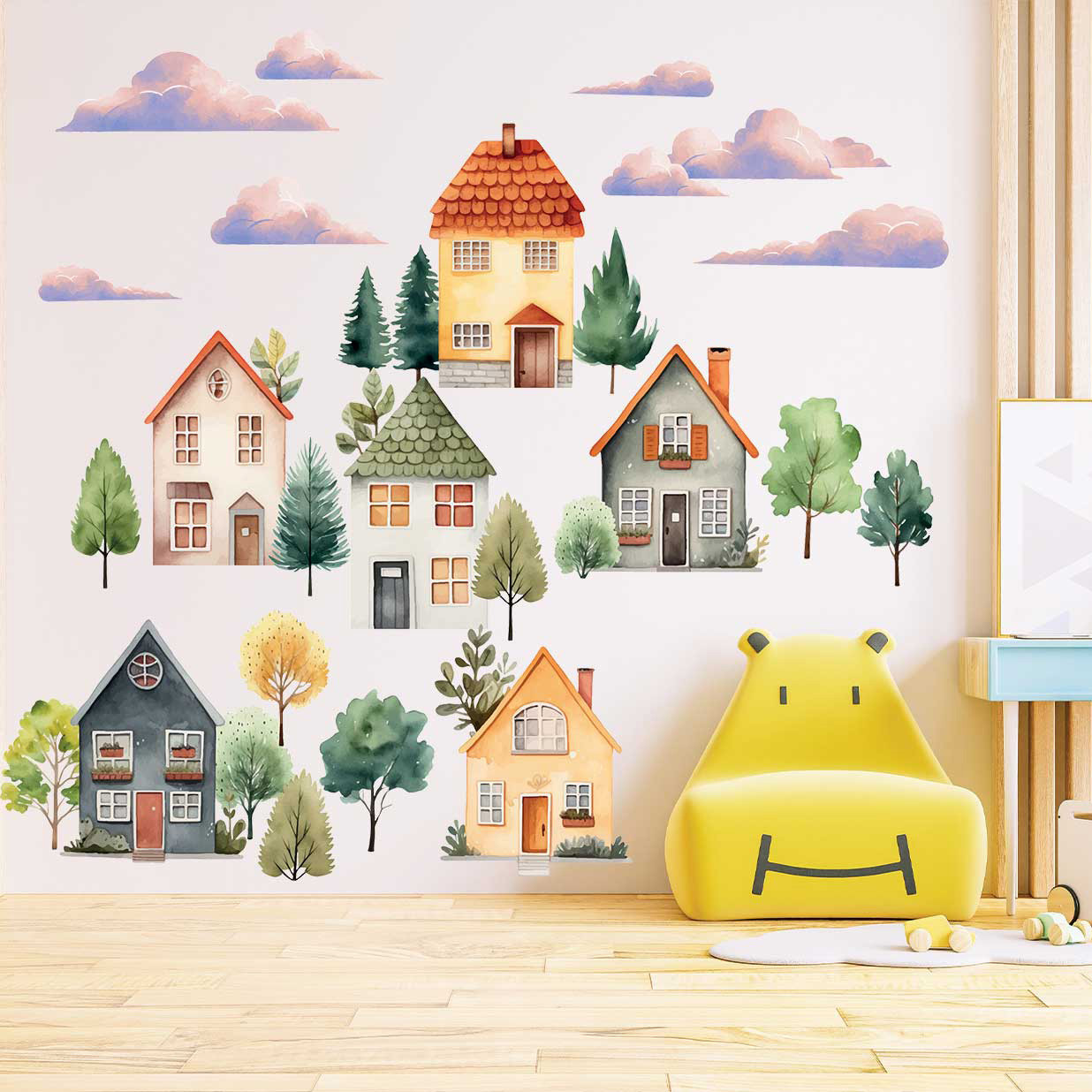 Інтер'єрні наклейки на стіну Милі будиночки акварельні дерева хмари Набір М 1000х500 мм матова, фото 1