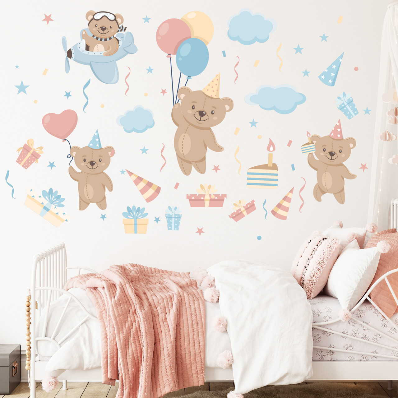 Дитячі наклейки ПВХ З Днем Народження Веселі ведмежата кульки подарунки хмари Набір М 1000х500 мм матова