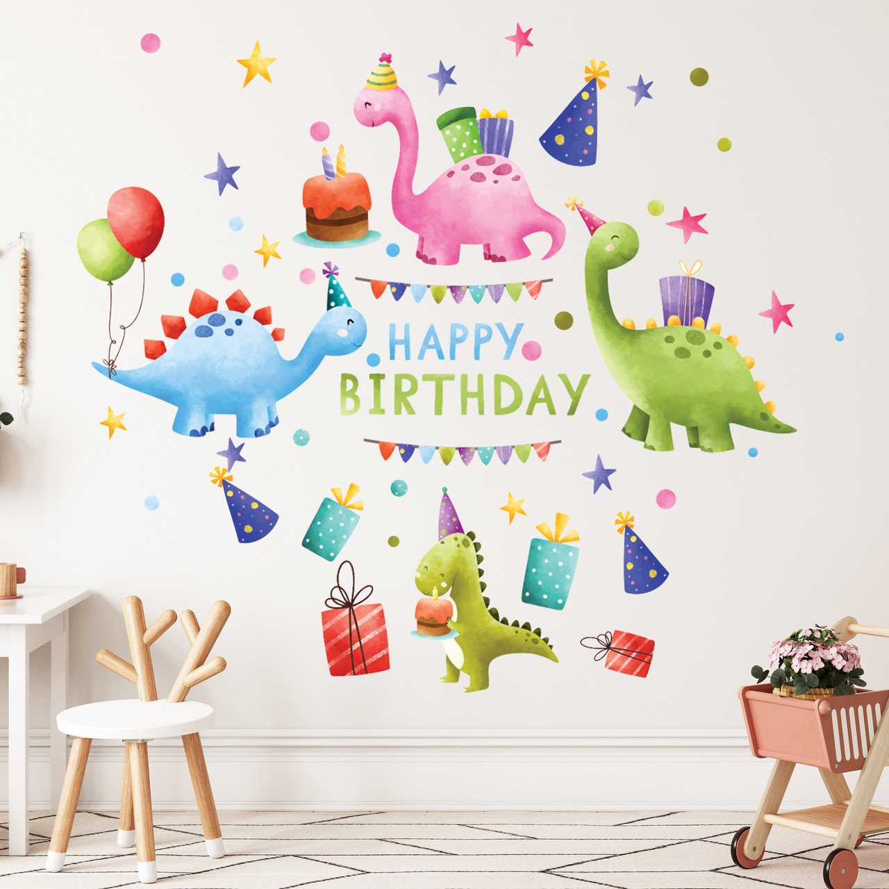 Набір наклейок у дитячу З Днем Народження Динозаврики подарунки Happy Birthday Набір М 1000х500 мм матова